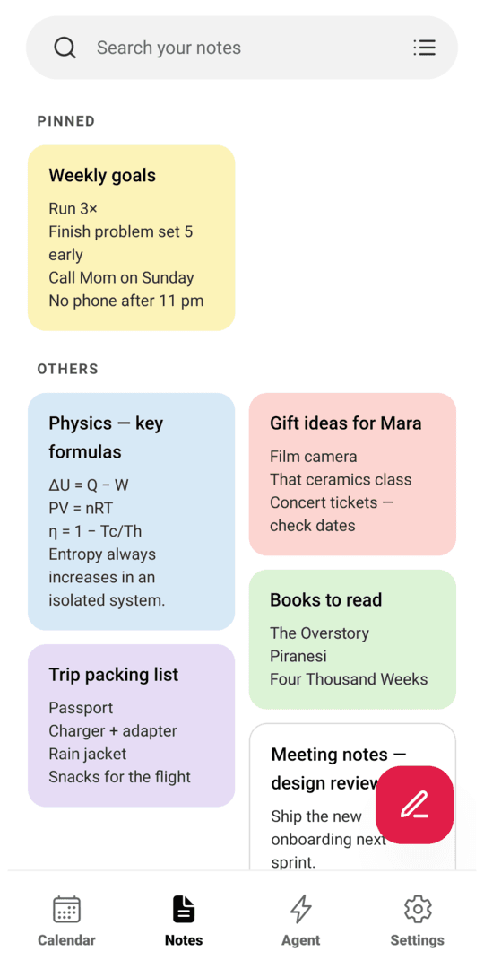Coloured notes grid with a pinned note